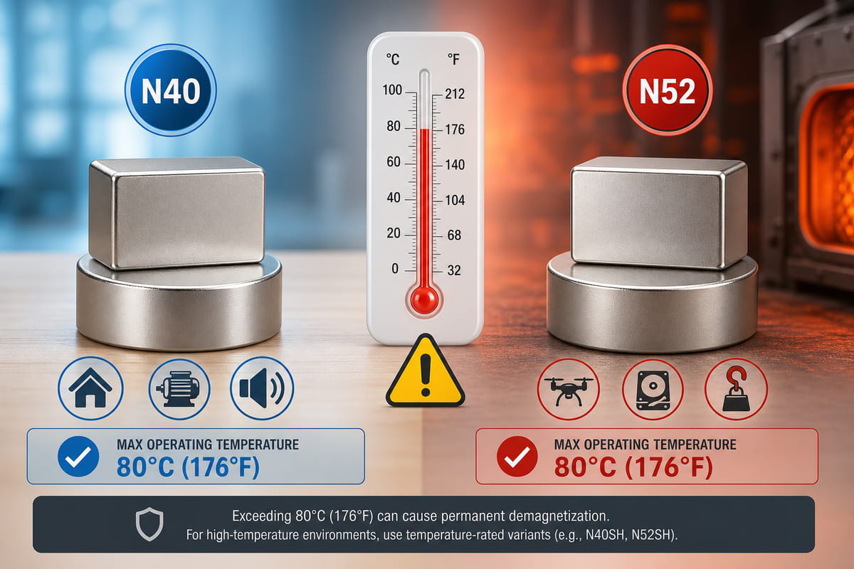 Imanes N40 frente a N52: potencia, coste y qué grado elegir 6 Temperatura de los imanes N40 frente a N52