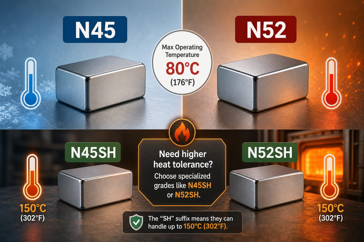 Imanes N45 frente a N52: potencia, coste, temperatura y qué grado elegir 6 Resistencia a la temperatura de los imanes N45 frente a los N52