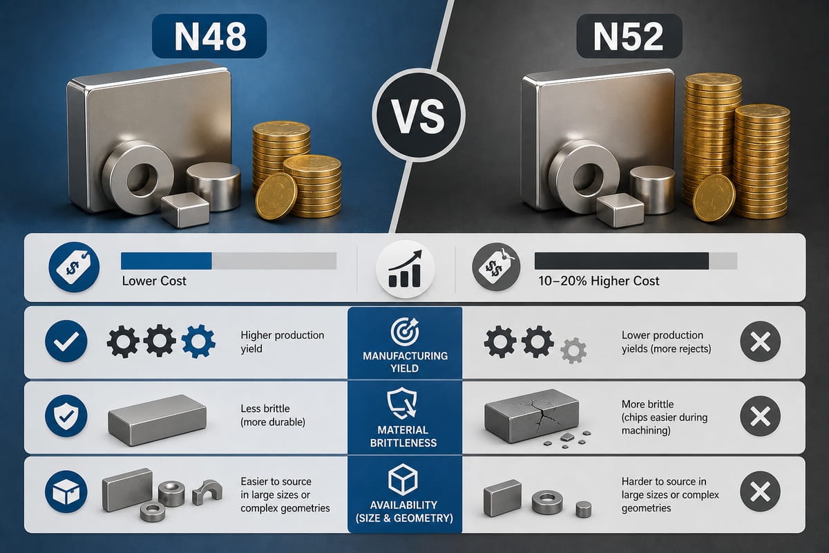 Diferencias en el coste y la fabricación de los imanes N48 y N52