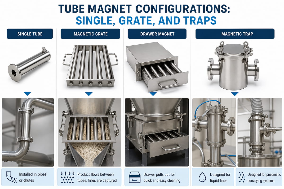 Configuraciones de imanes tubulares: individual, de rejilla y de trampas (imagen)